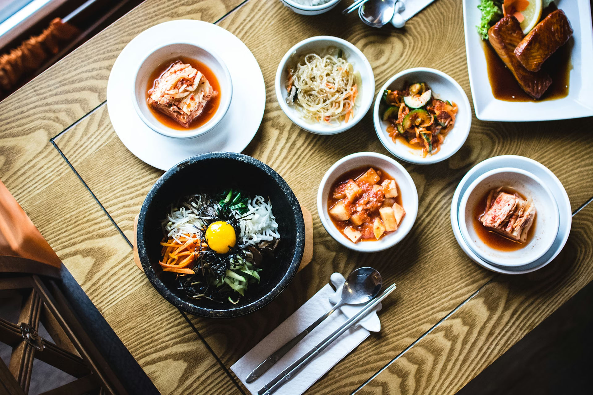 Table spread of Korean food